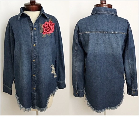 Distressed Denim Shirt Jacket Rose Patch S - Picture 2 of 7